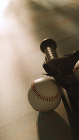 Vídeo-Vertical-De-Primer-Plano-De-La-Naturaleza-Muerta-De-Béisbol-Del-Estudio-Con-Un-Bate-De-Madera-Y-Una-Pelota-En-Un-Guante-De-Receptor-En-El-Suelo-De-Madera-1